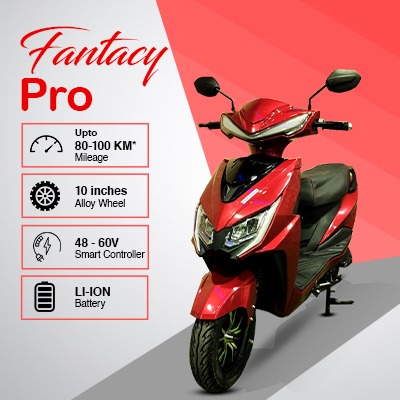 Fantacy Pro electric vehicle parked on a clean white background, showing sleek modern design and vibrant colors, conveying a sense of innovation and eco-friendly mobility